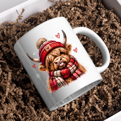 Highland Cow Winter Scarf Mug "Cozy Winter Highland Cow" Cozy Winter Highland Cow 325ml Ceramic Coffee Mug – Cute Highland Cow in Red Pom-Pom Beanie & Matching Tartan Scarf with Snowflakes & Hearts | Winter Gift | Fast Dispatch by UK Seller (M3396)