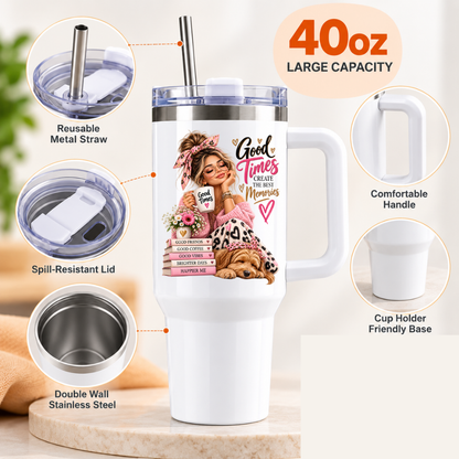 Cozy Lifestyle Travel Tumbler "Good Times Create The Best Memories" Graphic 40oz Stainless Steel Insulated Travel Mug with Handle & Straw – Girl in Pink Sweater with Dog, Flowers & Stacked Books Novelty Travel Cup | Fast Dispatch by UK Seller (T3019)
