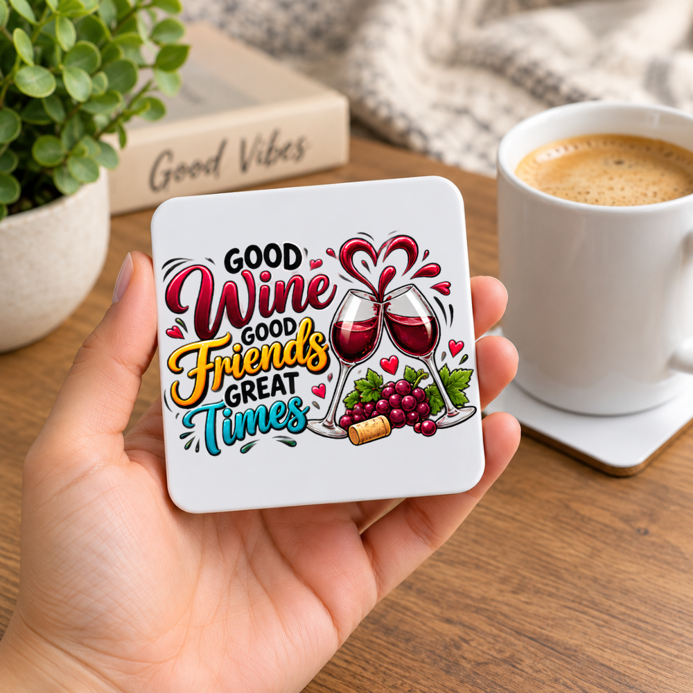 Best Friends Wine Coaster "Good Wine Good Friends Great Times" Graphic Glossy Hardboard 9x9cm Drinks Mat – Clinking Wine Glasses, Grapes & Cork Bestie Holiday Tableware Gift | Fast Dispatch by UK Seller (C3067)