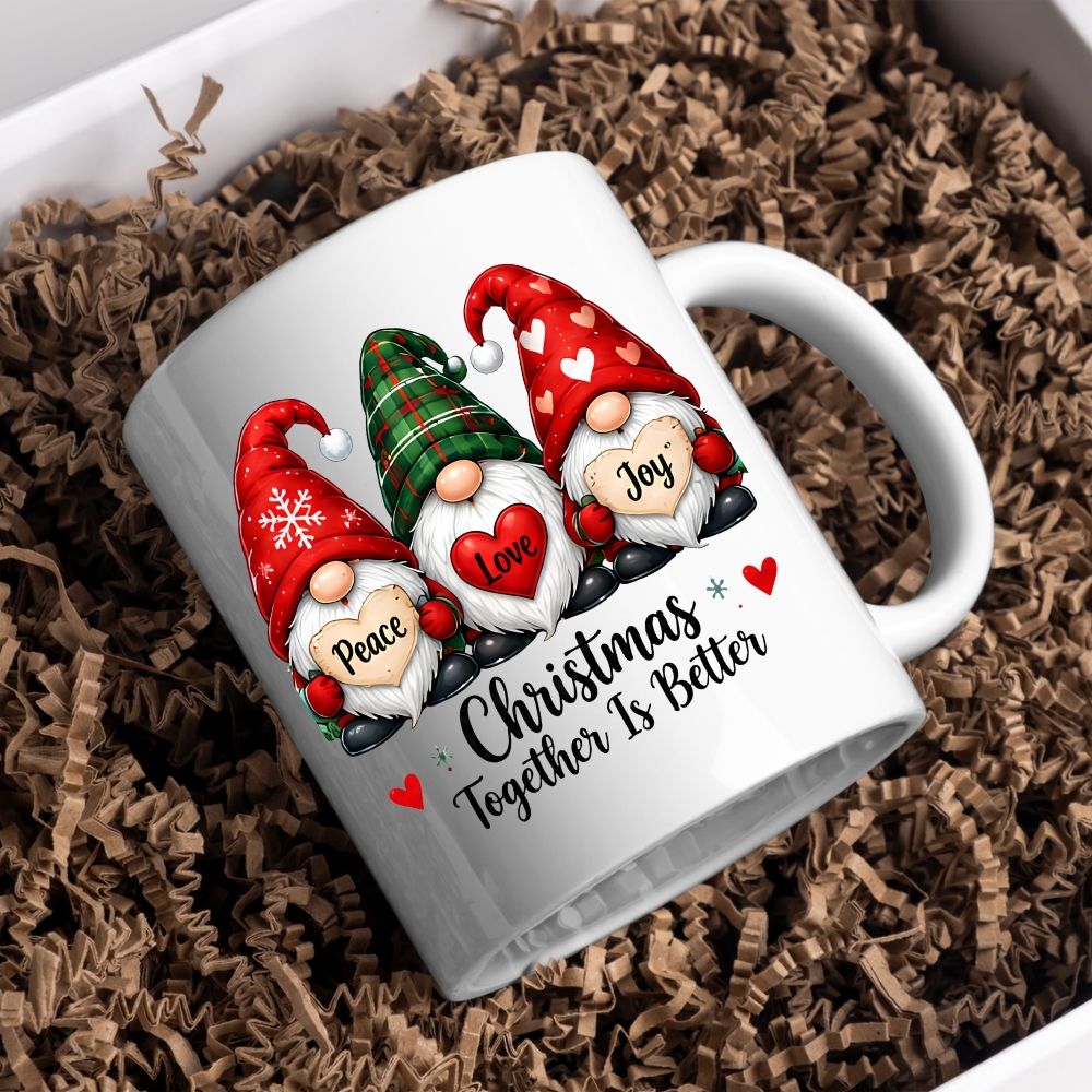 Festive Mug "Peace Love Joy" Trio Gnomes 325ml Ceramic Coffee Mug Christmas Together Is Better Holiday Tea Cup with Hearts & Plaid Hat | Available in Multicolours | Fast Dispatch by UK Seller (M1271)
