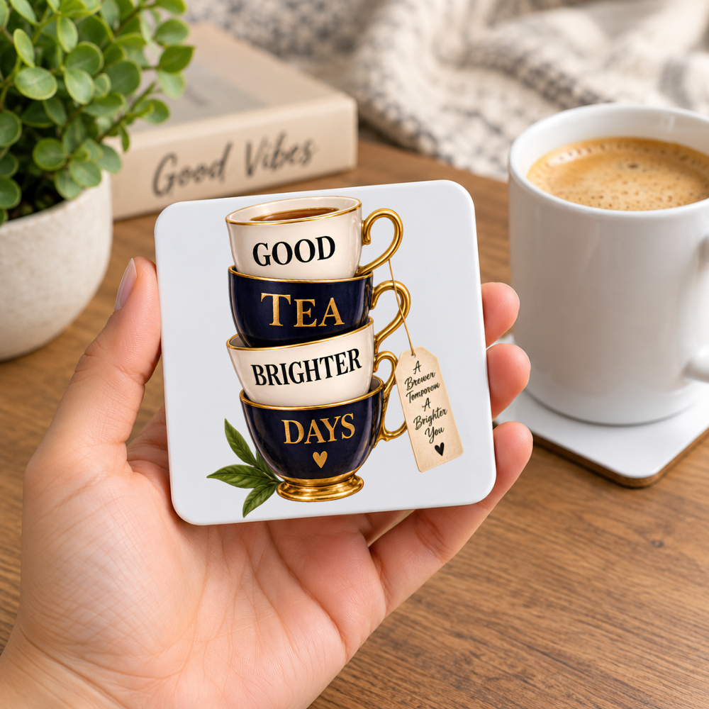 Charming Tea Stack Hardboard Coaster "Good Tea Brighter Days" Graphic 9cm x 9cm Square Drinks Coaster “Stacked Vintage Blue & White Porcelain Cups with Tea Tag Novelty Mat | Elegant Glossy Gift for Tea Lovers | Fast Dispatch by UK Seller (C3003)