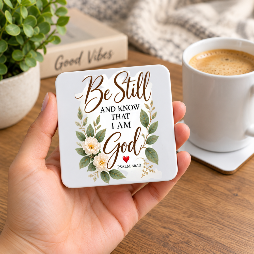 Inspirational Religious Hardboard Coaster "Be Still And Know That I Am God" Graphic 9cm x 9cm Square Drinks Coaster “Botanical Green Leaves with Cream Floral Blossoms Novelty Mat | Christian Glossy Gift | Fast Dispatch by UK Seller (C3047)