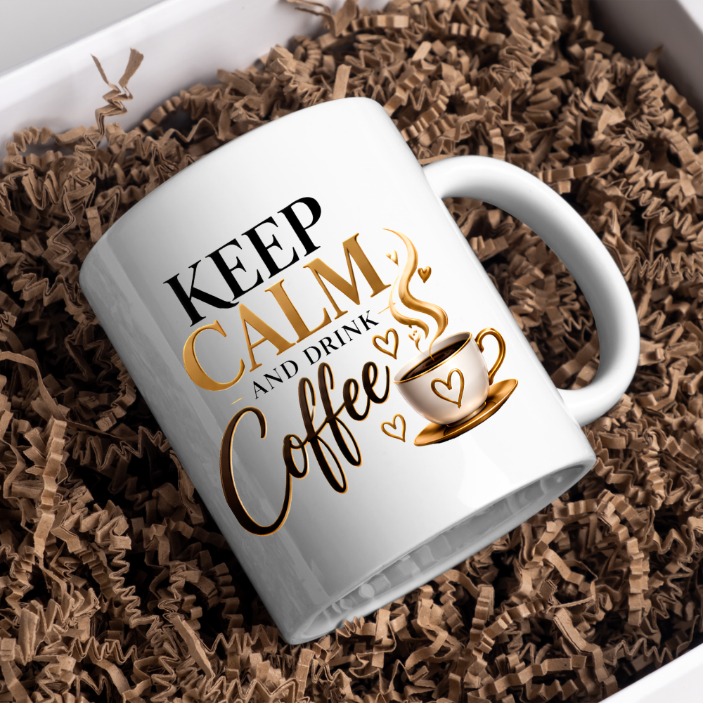 Coffee Mug "Keep Calm And Drink Coffee" 325ml Ceramic Tea Cup – Gold & Brown Typography, Cute Coffee Cup Graphic & Heart Slogan Novelty Gift for Coffee Lovers, Bestie, Colleagues – Fast Dispatch by UK Seller (M3491)