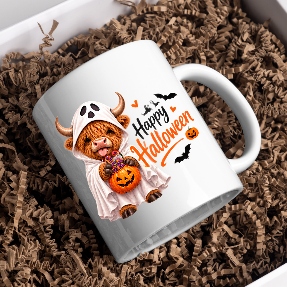 Halloween Mug "Ghost Costume Highland Cow" Ghost Costume Highland Cow 325ml Ceramic Coffee Mug – Cute Trick-or-Treat Tea Cup with Sheet Costume Pumpkin Bucket Graphic Gift | Available in Multicolours | Fast Dispatch by UK Seller (M3165)