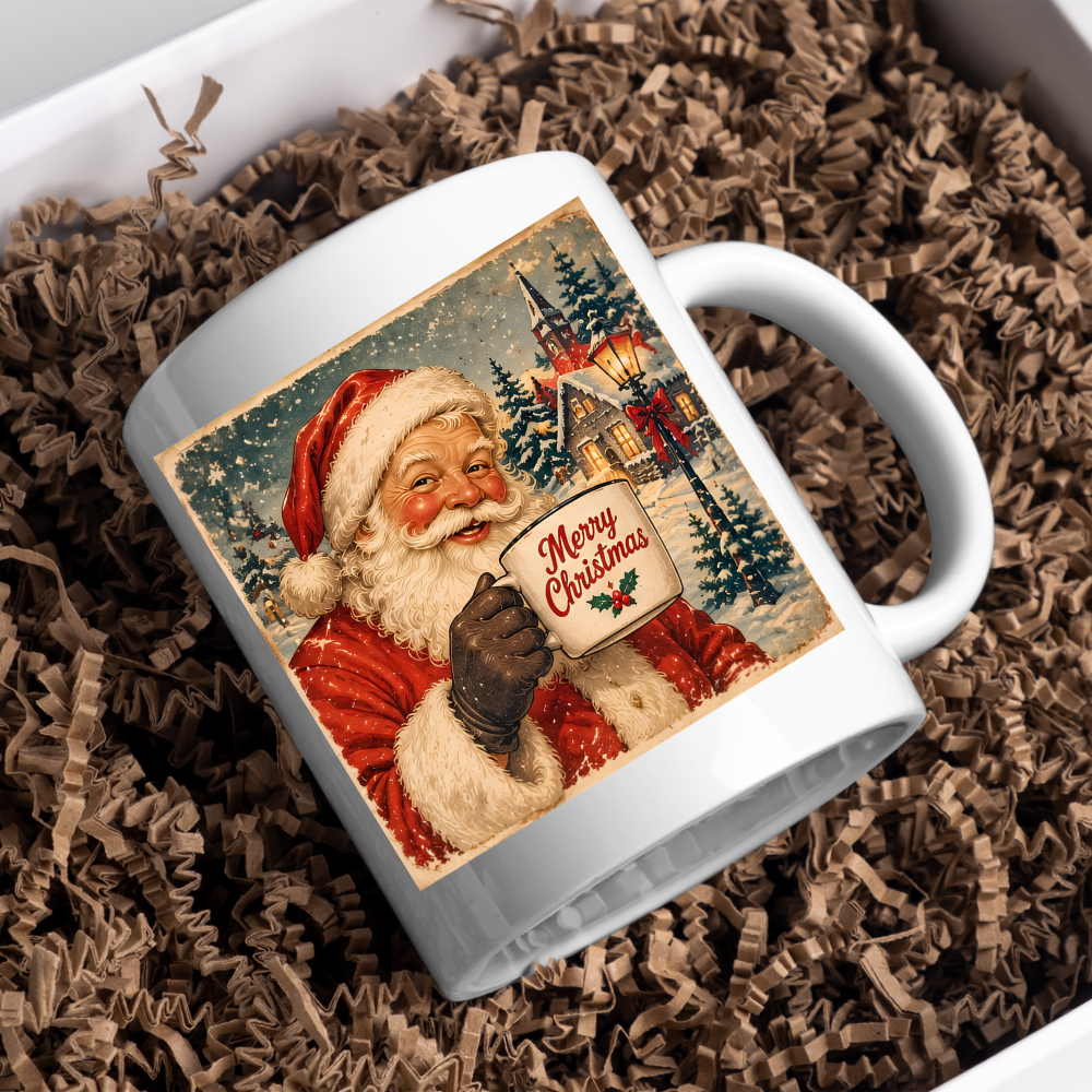 Vintage Santa Claus Mug "Merry Christmas" Merry Christmas 325ml Ceramic Coffee Mug – Vintage Santa Claus Holding Coffee Mug in Snowy Village with Streetlamp | Festive Holiday Gift | Fast Dispatch by UK Seller (M3415)
