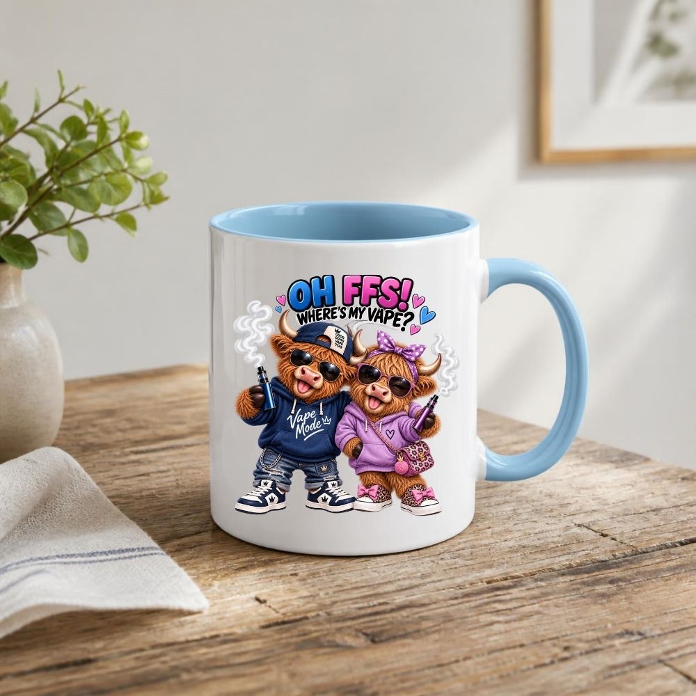 Funny Mug Highland Cow Couple "Oh FFS! Where's My V?" Coffee Mug Sarcastic Meme Animals Ceramic Tea Cup & Novelty Streetwear Gift 325ml | Available in Multicolours | Fast Dispatch by UK Seller (M1322)
