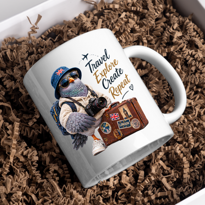 Travel Mug "Travel Explore Create Repeat Cool Pigeon" 325ml Ceramic Coffee Mug – Cool Traveller Pigeon Camera Bucket Hat Union Jack Suitcase Sneakers Gift For Tourists Photographers | Available in Multicolours | Fast Dispatch by UK Seller (M3235)