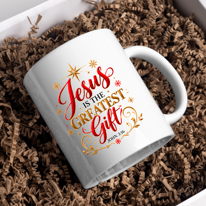 Christmas Mug "Jesus Is The Greatest Gift John 3 16" 325ml Ceramic Coffee Mug – Christian Christmas Bible Verse Mug With Gold Star Snowflakes Religious Holiday Gift | Available in Multicolours | Fast Dispatch by UK Seller (M3292)