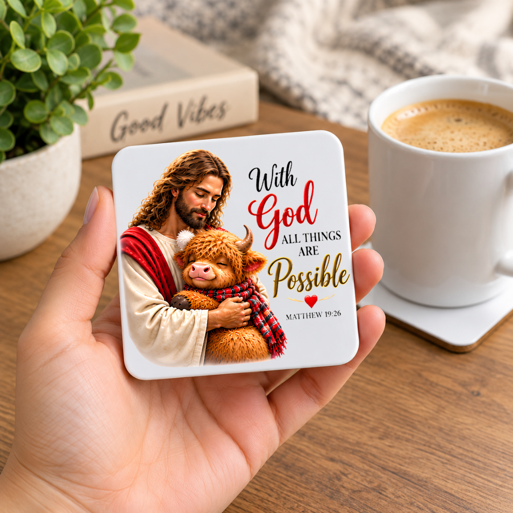 Inspirational Religious Hardboard Coaster "With God All Things Are Possible" Graphic 9cm x 9cm Square Drinks Coaster “ Jesus Embracing Cute