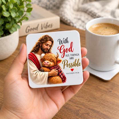 Inspirational Religious Hardboard Coaster "With God All Things Are Possible" Graphic 9cm x 9cm Square Drinks Coaster “ Jesus Embracing Cute