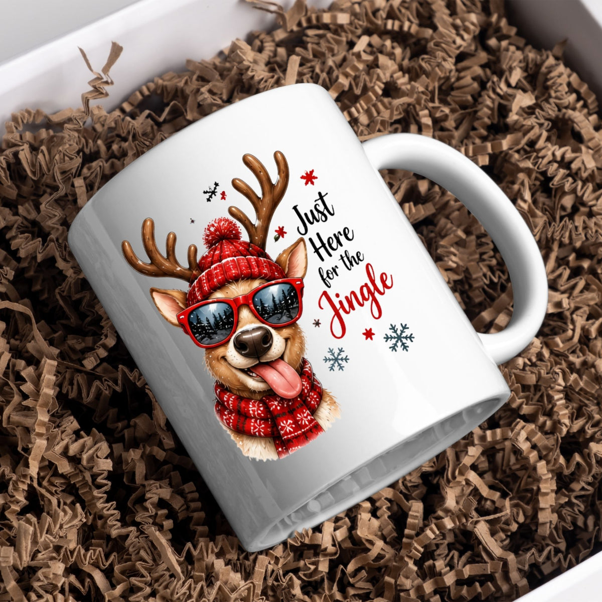 Fun Mug "Just Here for the Jingle" Reindeer 325ml Ceramic Coffee Mug Cool Winter Holiday Tea Cup with Sunglasses, Red Beanie & Scarf Gift | Available in Multicolours | Fast Dispatch by UK Seller (M1260)