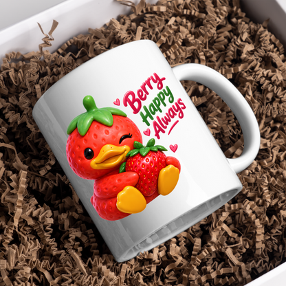 Inspirational Mug "Berry Happy Always Strawberry Duck" Berry Happy Always 325ml Ceramic Coffee Mug – Cute Winking Strawberry Duck Hugging A Strawberry Heartwarming Gift For Friends Family | Available in Multicolours | Fast Dispatch by UK Seller (M3247)