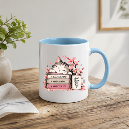 Inspirational Cat Mug "A CALMER MIND A KINDER HEART A BRIGHTER YOU" Sleeping Kitten & Books 325ml Ceramic Coffee Mug Mindful Tea Cup with Cherry Blossoms & Mug Graphic Gift | Available in Multicolours | Fast Dispatch by UK Seller (M3033)