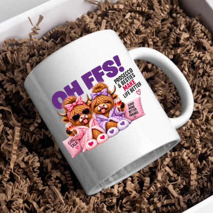 Prosecco Besties Highland Cows Mug "OH FFS! Prosecco & Besties Make Life Better" Oh Ffs! Prosecco & Besties 325ml Ceramic Coffee Mug – Cute Highland Cows in Bathrobes with Wine Glasses & Pillows | Funny Bestie Gift | Fast Dispatch by UK Seller (M3368)