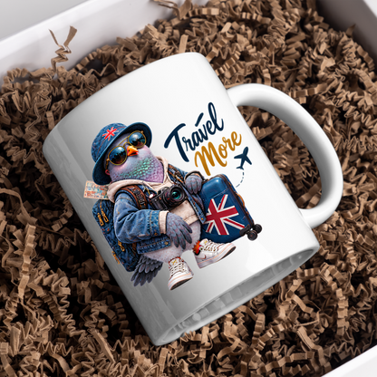 Travel Mug "Travel More Cool Pigeon" 325ml Ceramic Coffee Mug – Cool Traveller Pigeon with Camera, Bucket Hat, Denim Jacket & Union Jack Suitcase Gift For Photographers Globe Trotters | Available in Multicolours | Fast Dispatch by UK Seller (M3241)