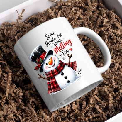 Heartwarming Mug "Some People Are Worth Melting For" Snowman 325ml Ceramic Coffee Mug Cute Winter Holiday Tea Cup with Red Plaid Scarf & Quote Gift | Available in Multicolours | Fast Dispatch by UK Seller (M1246)