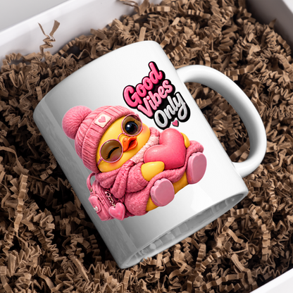 Inspirational Mug "Good Vibes Only Pink Duck" 325ml Ceramic Coffee Mug – Cute Winking Yellow Duck in Pink Beanie, Sweater, Glasses Backpack Hugging Pink Heart Cute Gift For Friends Family | Available in Multicolours | Fast Dispatch by UK Seller (M3253)