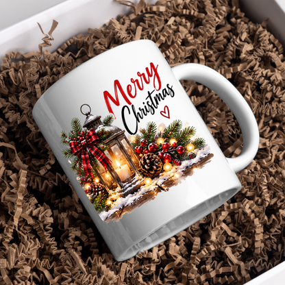 Festive Christmas Lantern Mug "Merry Christmas" Merry Christmas 325ml Ceramic Coffee Mug – Vintage Candle Lantern with Plaid Bow, Pine, Pinecones & Fairy Lights | Holiday Gift | Fast Dispatch by UK Seller (M3404)