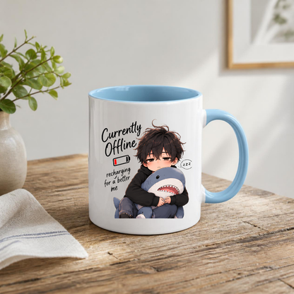 Funny Anime Mug "Currently Offline recharging for a better me" Sleepy Boy & Plush Shark 325ml Ceramic Coffee Mug Introvert Relatable Tea Cup with Low Battery & Plushie Graphic Gift | Available in Multicolours | Fast Dispatch by UK Seller (M3025)