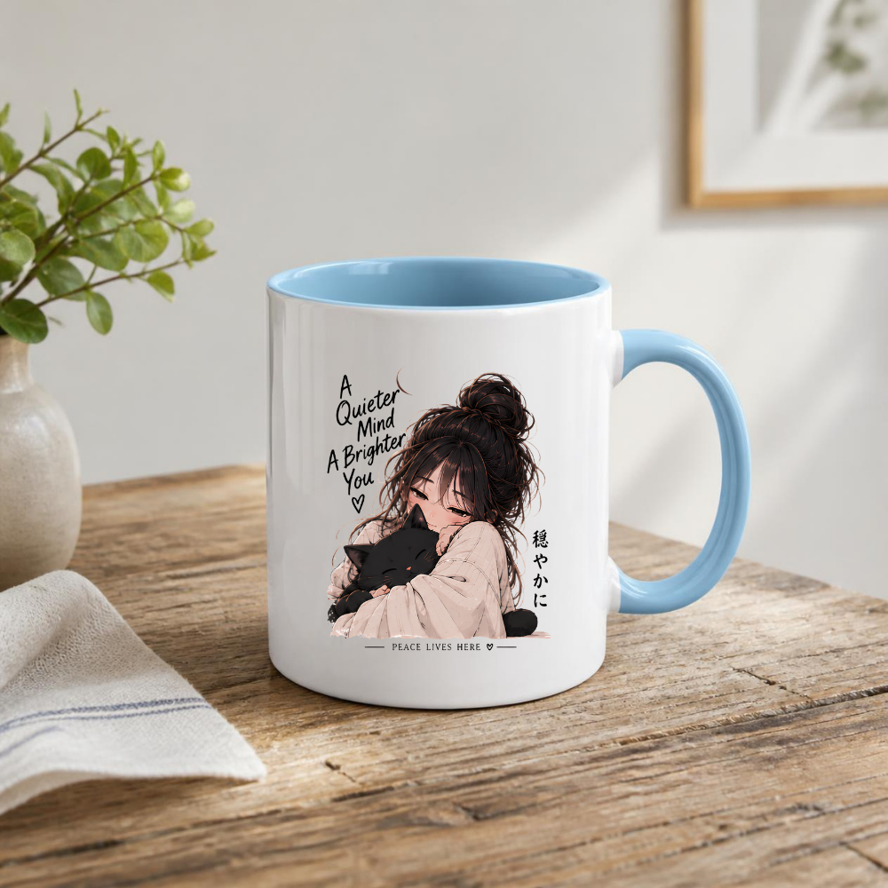 Inspirational Anime Girl & Black Cat Mug "A Quieter Mind A Brighter You" 325ml Ceramic Coffee Mug – Aesthetic Mindful Tea Cup with Japanese Kanji Graphic Gift | Available in Multicolours | Fast Dispatch by UK Seller (M3045)