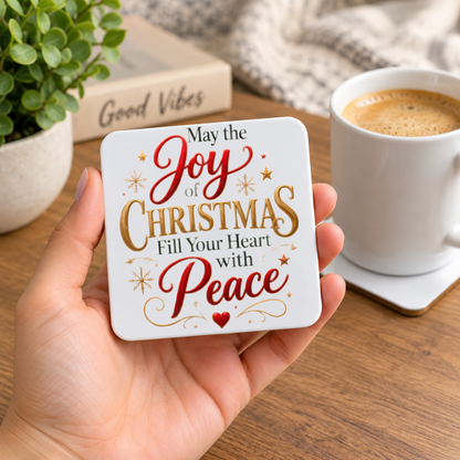 Inspirational Religious Hardboard Coaster "May The Joy Of Christmas Fill Your Heart With Peace" Graphic 9cm x 9cm Square Drinks Coaster "Re