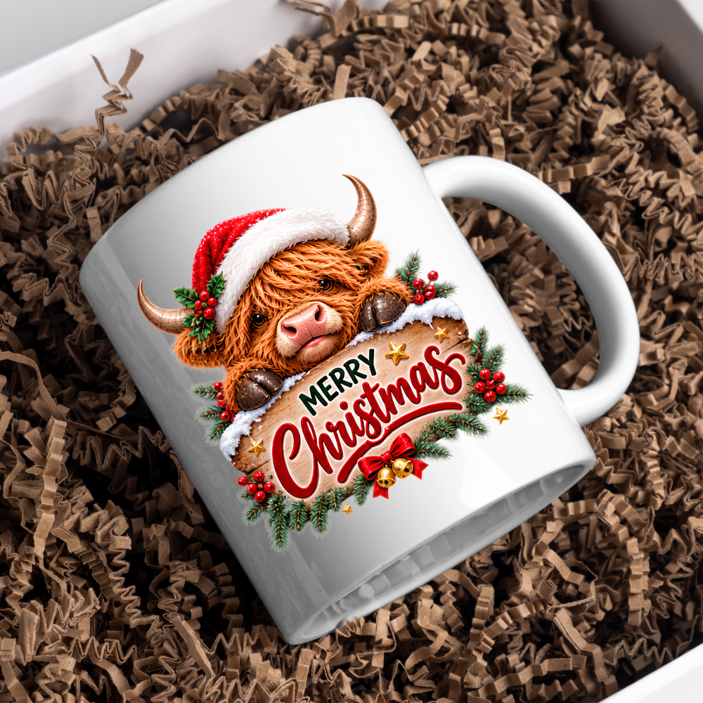 Christmas Mug "Peeking Santa Hat Highland Cow" Peeking Santa Hat Highland Cow 325ml Ceramic Coffee Mug – Cute Festive Wooden Sign Tea Cup With Holly Jingle Bells Graphic Present | Available in Multicolours | Fast Dispatch by UK Seller (M3171)