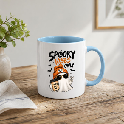 Halloween Mug "SPOOKY VIBES Only" Cool Ghost 325ml Ceramic Coffee Mug – Trendy Beanie Ghost Tea Cup with Sunglasses & Coffee Cup Graphic Gift | Available in Multicolours | Fast Dispatch by UK Seller (M3077)