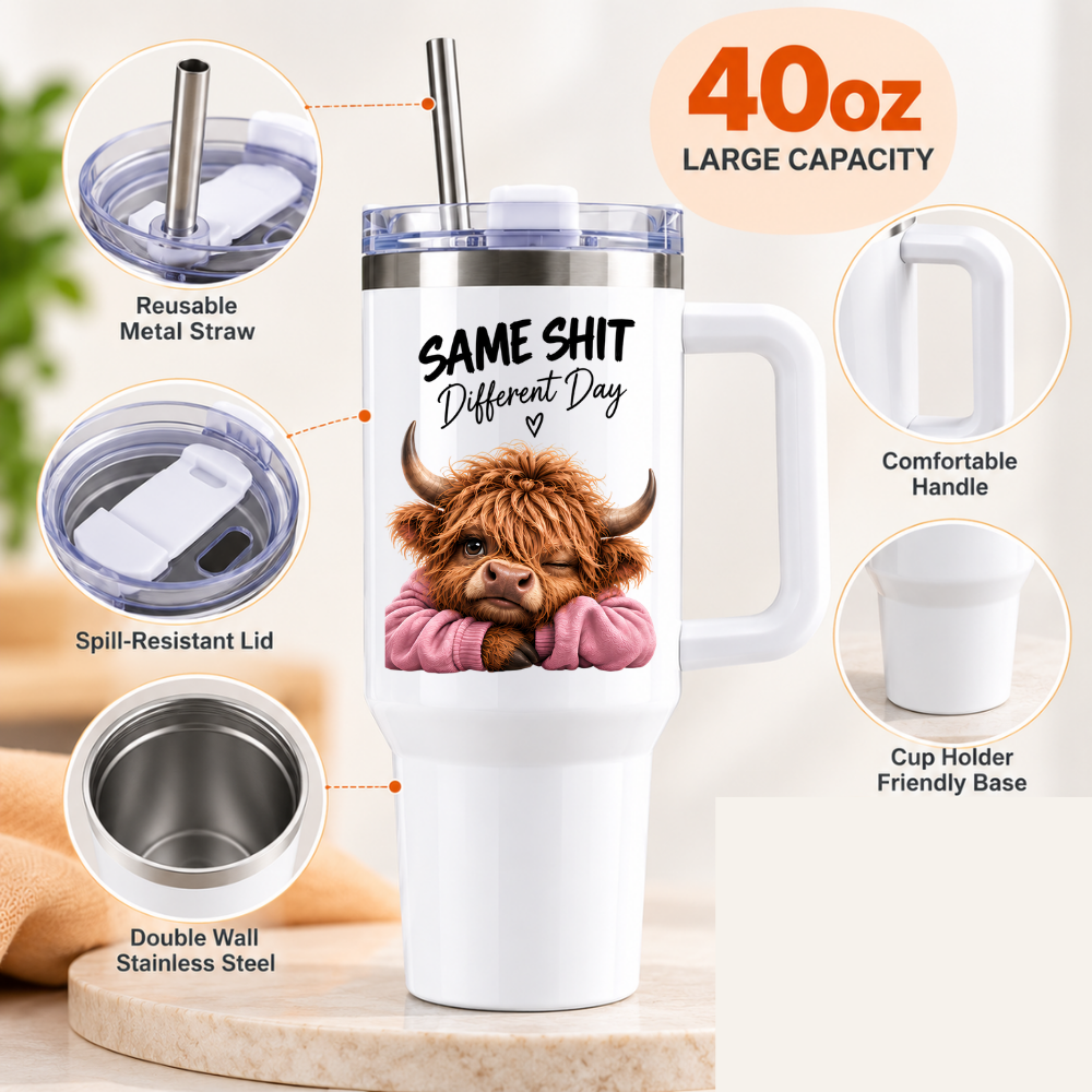 Funny Sassy Highland Cow Travel Tumbler "Same Shit Different Day" Graphic 40oz Stainless Steel Insulated Travel Mug with Handle & Straw – Moody Cow in Pink Jumper Novelty Travel Cup | Fast Dispatch by UK Seller (T3029)