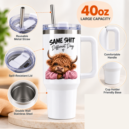 Funny Sassy Highland Cow Travel Tumbler "Same Shit Different Day" Graphic 40oz Stainless Steel Insulated Travel Mug with Handle & Straw – Moody Cow in Pink Jumper Novelty Travel Cup | Fast Dispatch by UK Seller (T3029)