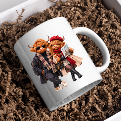Highland Cow Mug "London Travelers Highland Cow Couple" 325ml Ceramic Coffee Mug – Stylish Highland Cow Couple in Beret, Sunglasses Trench Coats Holding Camera Gift For Travelers Couples | Available in Multicolours | Fast Dispatch by UK Seller (M3260)