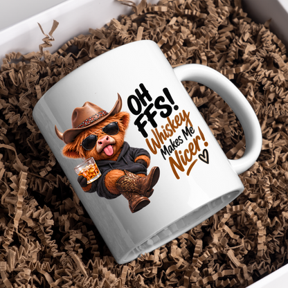 Highland Cow Whiskey Lover Mug "Oh FFS! Whiskey Makes Me Nicer!" Oh FFS! Whiskey Makes Me Nicer! 325ml Ceramic Coffee Mug – Cute Highland Cow in Cowboy Hat, Hoodie & Boots holding Rocks Glass | Funny Gift | Fast Dispatch by UK Seller (M3394)