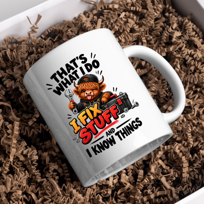 Mechanic Highland Cow Mug "That's What I Do I Fix Stuff" That's What I Do I Fix Stuff And I Know Things 325ml Ceramic Coffee Mug – Cute Handy Highland Cow with Wrench & Toolbox | Funny DIY Handyman Gift | Fast Dispatch by UK Seller (M3456)