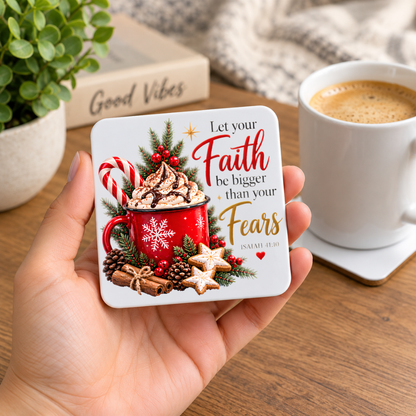 Inspirational Hardboard Coaster "Let Your Faith Be Bigger Than Your Fears" Graphic 9cm x 9cm Square Drinks Coaster “Snowflake Mug with Whipped Cream, Candy Cane, Cinnamon & Star Cookies Novelty Mat | Christian Gift | Fast Dispatch by UK Seller (C3041)
