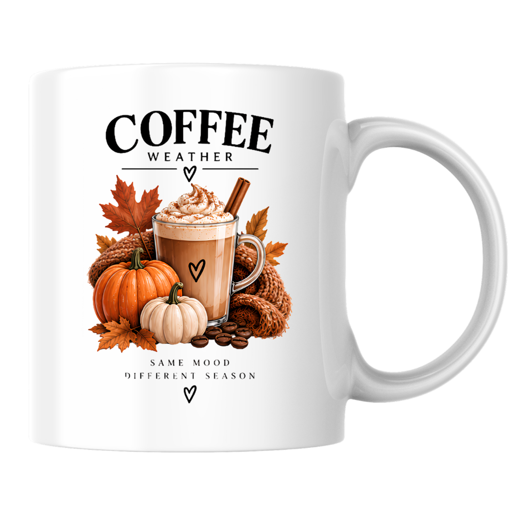 Cozy Autumn Pumpkin Spice Latte Mug "Coffee Weather: Same Mood Different Season" Graphic 325ml Ceramic Coffee Cup Autumn Drink with Whipped Cream Novelty Tea Cup | Cozy Fall Gift for Coffee Lovers | Available in Multicolours | Fast Dispatch (M3132)