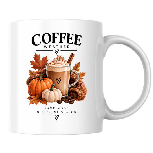Cozy Autumn Pumpkin Spice Latte Mug "Coffee Weather: Same Mood Different Season" Graphic 325ml Ceramic Coffee Cup Autumn Drink with Whipped Cream Novelty Tea Cup | Cozy Fall Gift for Coffee Lovers | Available in Multicolours | Fast Dispatch (M3132)