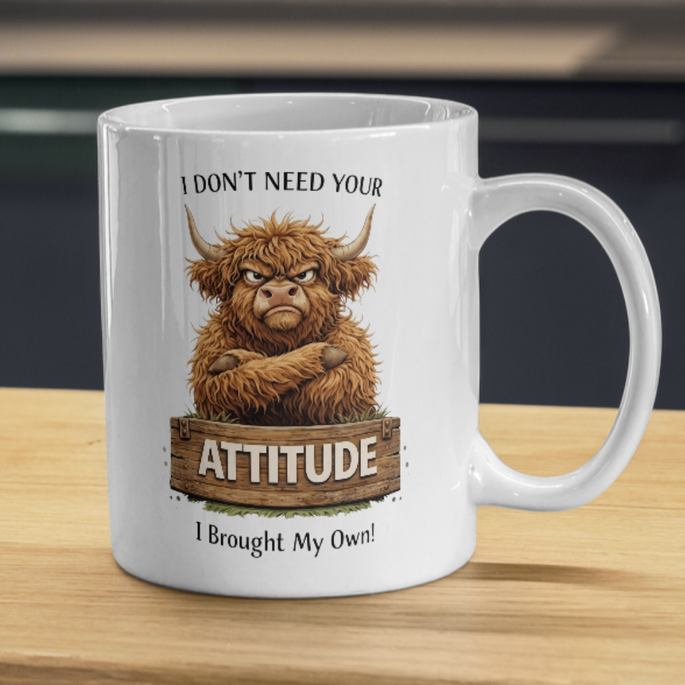 Funny Grumpy Highland Cow "I Don't Need Your Attitude" Coffee Mug - Sarcastic Farm Animal Ceramic Tea Cup with Crossed Arms & Wooden Sign Quote Gift (M1208)