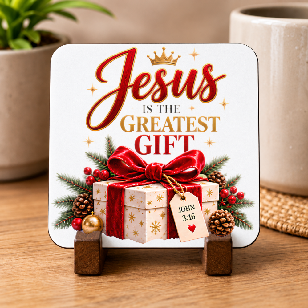 Inspirational Religious Hardboard Coaster "Jesus Is The Greatest Gift" Graphic 9cm x 9cm Square Drinks Coaster "Wrapped Present with Crown, Red Ribbon & John 3:16 Gift Tag Novelty Mat | Christian Glossy Gift | Fast Dispatch by UK Seller (C3039)