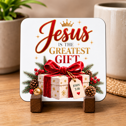 Inspirational Religious Hardboard Coaster "Jesus Is The Greatest Gift" Graphic 9cm x 9cm Square Drinks Coaster "Wrapped Present with Crown, Red Ribbon & John 3:16 Gift Tag Novelty Mat | Christian Glossy Gift | Fast Dispatch by UK Seller (C3039)