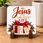 Inspirational Religious Hardboard Coaster "Jesus Is The Greatest Gift" Graphic 9cm x 9cm Square Drinks Coaster "Wrapped Present with Crown, Red Ribbon & John 3:16 Gift Tag Novelty Mat | Christian Glossy Gift | Fast Dispatch by UK Seller (C3039)