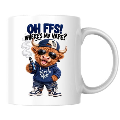 Funny Mug Highland Cow "Where's My V" Coffee Mug - Sarcastic Meme Animal Ceramic Tea Cup & Novelty Gift 350ml | Available in Multicolours | Fast Dispatch by UK Seller (M1205)
