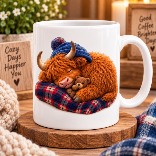 Cozy Mug Sleeping Highland Cow Ceramic Coffee Mug – Cute Bedtime Farm Animal with Teddy Bear & Blue Beanie Tea Cup Gift 350ml | Available in Multicolours | Fast Dispatch by UK Seller (M1230)