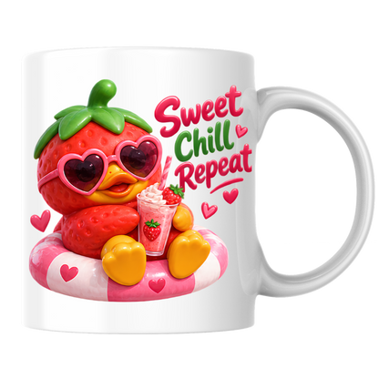 Summer Mug "Sweet Chill Repeat Strawberry Duck" 325ml Ceramic Coffee Mug – Cute Strawberry Duck in Heart Sunglasses on Pool Float With Milkshake Summer Gift For Friends Family | Available in Multicolours | Fast Dispatch by UK Seller (M3246)