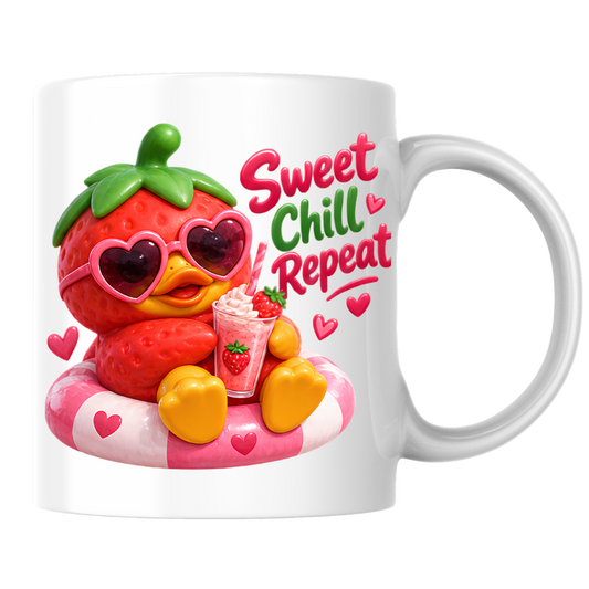 Summer Mug "Sweet Chill Repeat Strawberry Duck" 325ml Ceramic Coffee Mug – Cute Strawberry Duck in Heart Sunglasses on Pool Float With Milkshake Summer Gift For Friends Family | Available in Multicolours | Fast Dispatch by UK Seller (M3246)