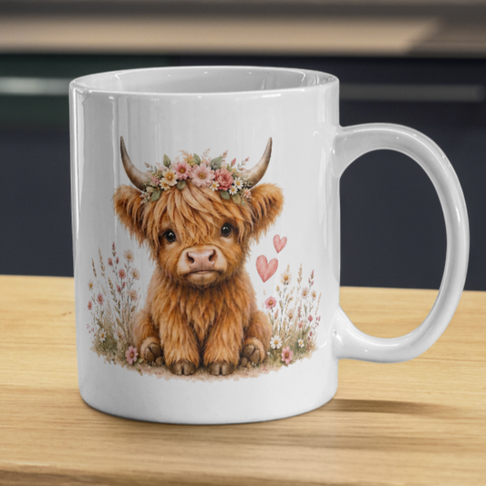 Cute Baby Highland Cow Coffee Mug with Floral Crown & Hearts - Watercolor Wildflower Farmhouse Animal Ceramic Tea Cup for Rustic Decor & Gift (M1204)
