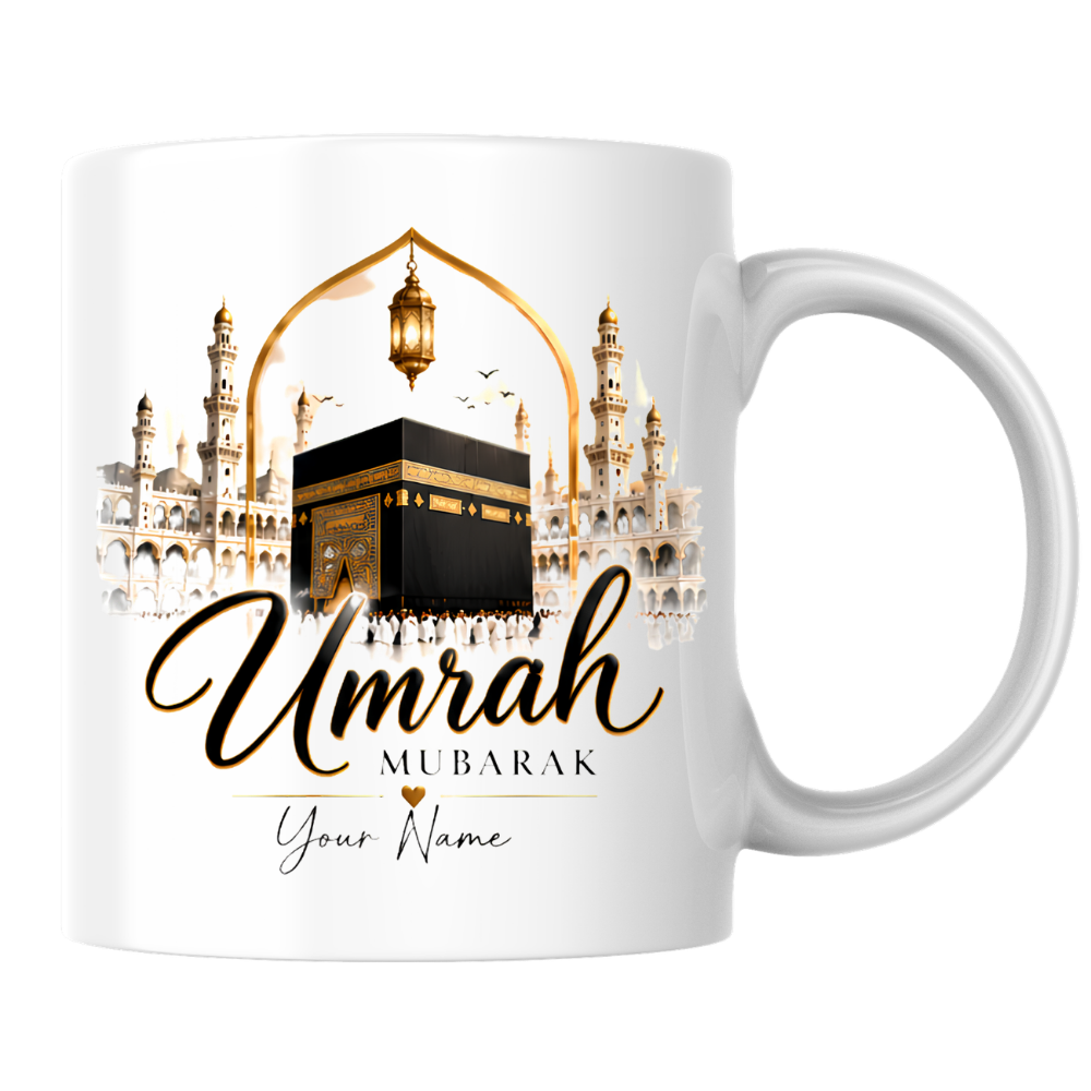 Personalised Umrah Mubarak Mug 325ml Ceramic Coffee Tea Cup – Custom Name, Golden Kaaba & Masjid Al-Haram Architecture Religious Pilgrimage Gift for Family, Friends, Hajj, Umrah Celebration – Fast Dispatch by UK Seller (M3484)