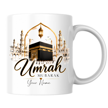 Personalised Umrah Mubarak Mug 325ml Ceramic Coffee Tea Cup – Custom Name, Golden Kaaba & Masjid Al-Haram Architecture Religious Pilgrimage Gift for Family, Friends, Hajj, Umrah Celebration – Fast Dispatch by UK Seller (M3484)