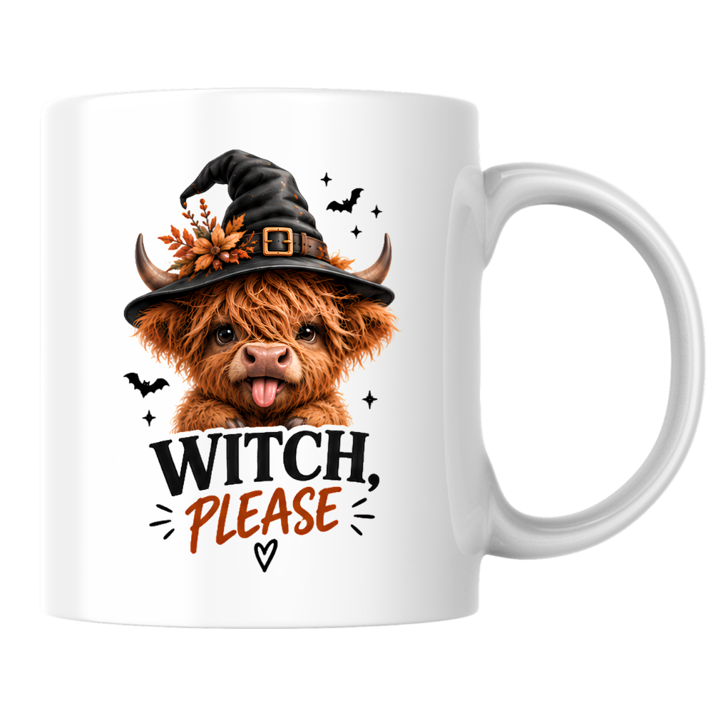Sassy Halloween Highland Cow Mug "Witch, Please" Graphic 325ml Ceramic Coffee Cup Cute Highland Cow in Witch Hat with Bats Novelty Tea Cup | Funny Spooky Season Gift for Her | Available in Multicolours | Fast Dispatch by UK Seller (M3133)