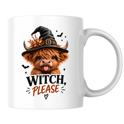 Sassy Halloween Highland Cow Mug "Witch, Please" Graphic 325ml Ceramic Coffee Cup Cute Highland Cow in Witch Hat with Bats Novelty Tea Cup | Funny Spooky Season Gift for Her | Available in Multicolours | Fast Dispatch by UK Seller (M3133)