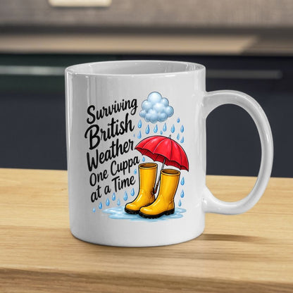 Humorous Mug "Surviving British Weather One Cuppa at a Time" 325ml Ceramic Coffee Mug Funny Rainy Day Tea Cup with Yellow Wellies, Red Umbrella & Raindrops Graphic Gift | Available in Multicolours | Fast Dispatch by UK Seller (M1318)