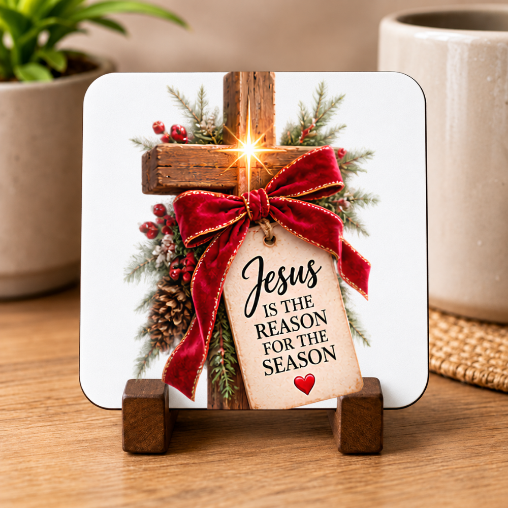 Inspirational Religious Hardboard Coaster "Jesus Is The Reason For The Season" Graphic 9cm x 9cm Square Drinks Coaster “Wooden Cross with Red Velvet Bow, Starburst & Scripture Tag Novelty Mat | Christian Glossy Gift | Fast Dispatch by UK Seller (C3045)